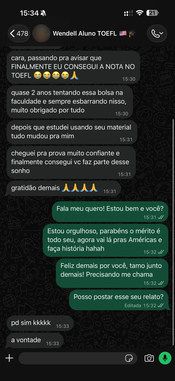 Depoimento do aluno Wendell no WhatsApp: conseguiu a nota no TOEFL