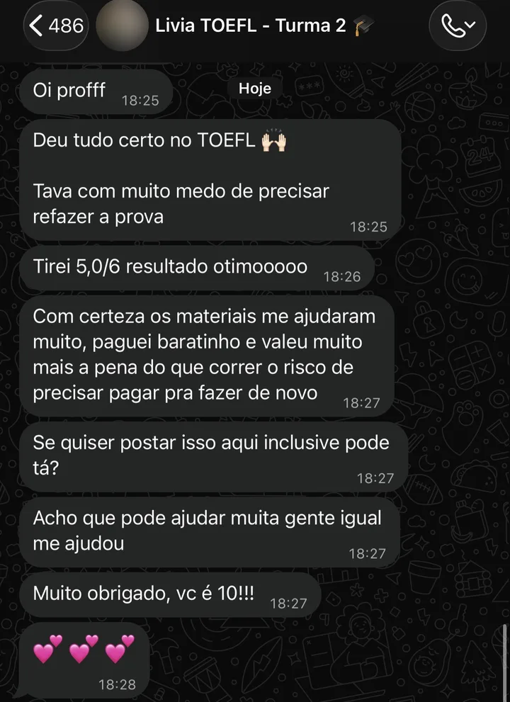 Depoimento da aluna Livia no WhatsApp: tirou 5,0 de 6 no TOEFL